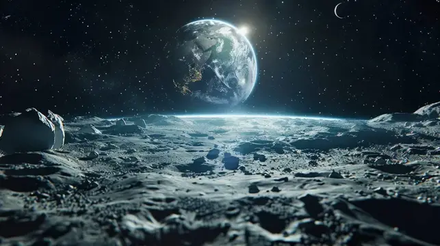 3D-рендер лунной поверхности с видом на Землю в звёздном небе