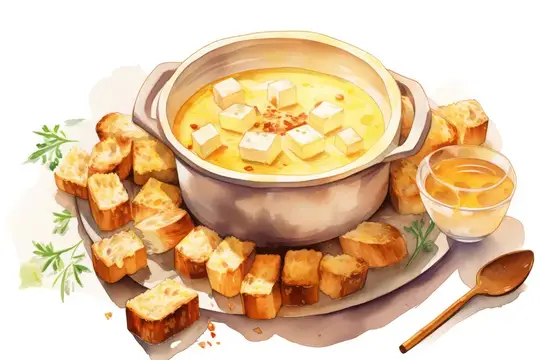 Иллюстрация с сырным супом, гренками и медом на тарелке