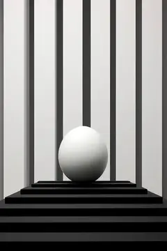 3D-рендер белого яйца на чёрном постаменте среди вертикальных полос