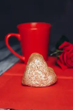 Сладкое печенье на красной салфетке, рядом роза, цветок