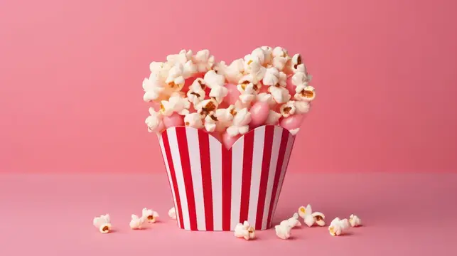 Соленый попкорн: классическое вкусное угощение для кинотеатра на свежем фоне красно-белой полосатой бумажной коробки