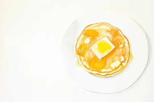 Акварельная иллюстрация блина с маслом и сиропом на белой тарелке