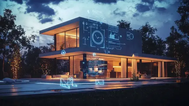 3D-рендер современного дома с голографическими интерфейсами в сумерках