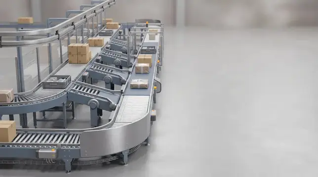 3D-рендер конвейерной линии с картонными коробками на складе