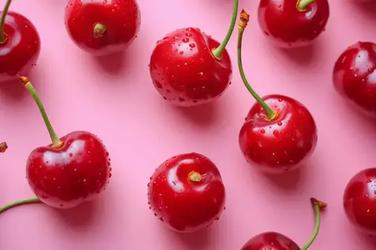 Спелые вишни с каплями воды на розовом фоне