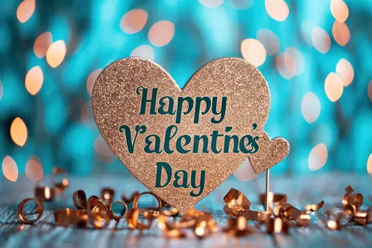 Блестящее сердце с надписью Happy Valentine's Day среди золотых лент
