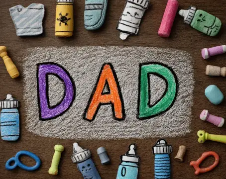 Надпись DAD из цветных букв в окружении детских бутылочек и сосок