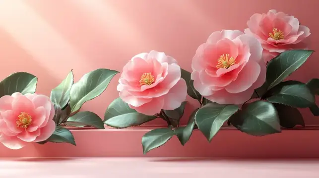Нежные розовые камелии с глянцевыми листьями на розовом фоне