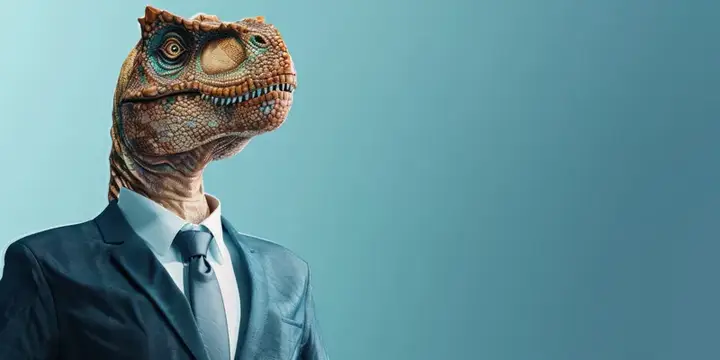 3D-рендер динозавра в деловом костюме на голубом фоне
