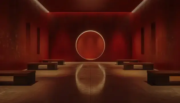3D-рендер тёмного зала с красными стенами и светящимся кругом