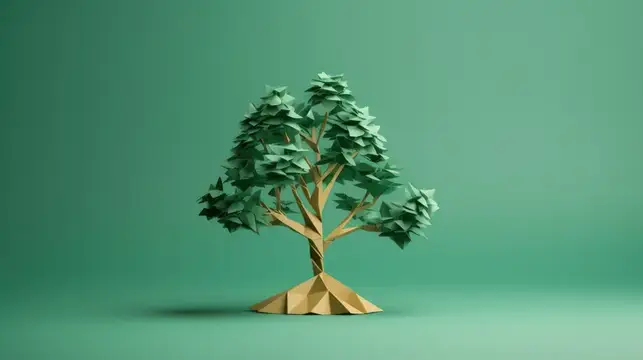 3D-рендер бумажного дерева с зелёной кроной на изумрудном фоне