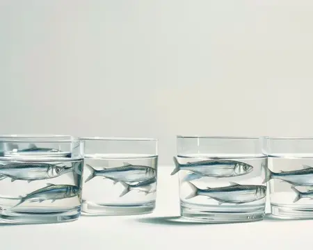 Стайки мелких рыбок плавают в четырёх стаканах с водой