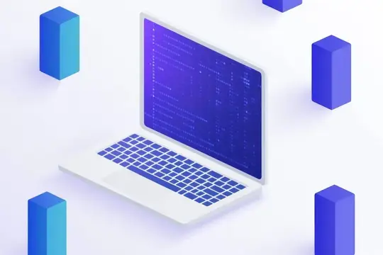 3D-рендер ноутбука с кодом на экране среди синих блоков