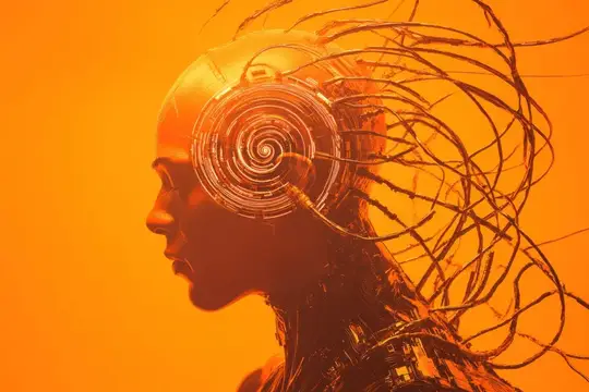 3D-рендер профиля киборга с проводами на оранжевом фоне