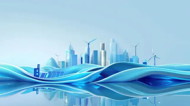3D-рендер футуристического города с ветряками и солнечными панелями на голубых волнах