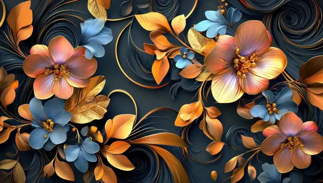Иллюстрация с золотисто-синими цветами на тёмном фоне