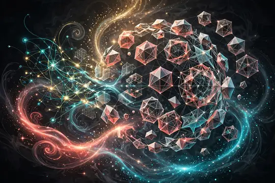 Абстрактная 3D-иллюстрация с парящими многогранниками и светящимися линиями