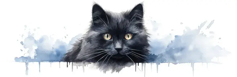Акварельный портрет пушистого чёрного кота с жёлтыми глазами