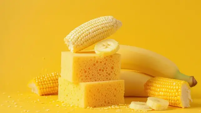 Кукуруза, банан и кусочки сыра на жёлтом фоне