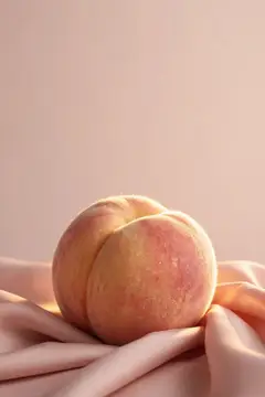 Спелый персик лежит на розовой шелковой ткани