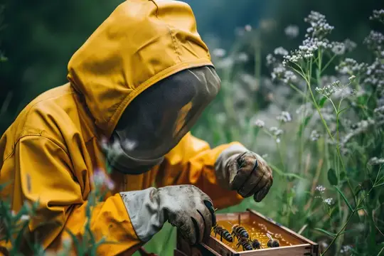 Пчеловодство: жужжащая летняя сцена, на которой пасечник осматривает соты на сельской пасеке