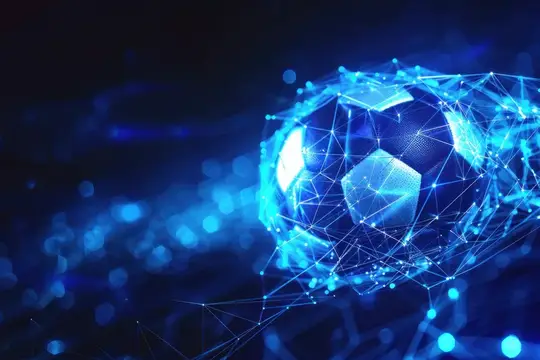 3D-рендер футбольного мяча в синей цифровой сети