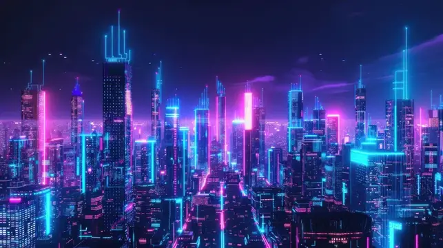 3D-рендер ночного футуристического города с неоновой подсветкой