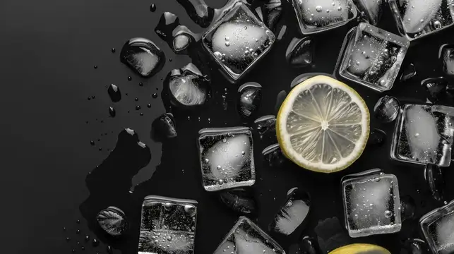 Кубики льда и долька лимона на чёрном фоне