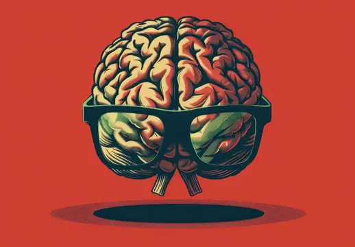 Иллюстрация мозга в очках на красном фоне