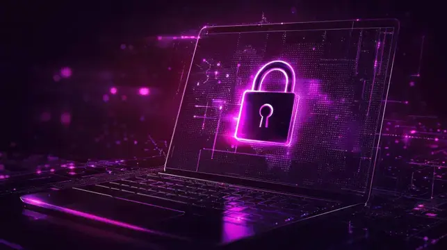 3D-рендер ноутбука с неоновым замком на экране в фиолетовых тонах