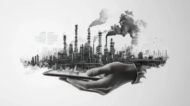 Рука держит смартфон с дымящимся заводом на экране