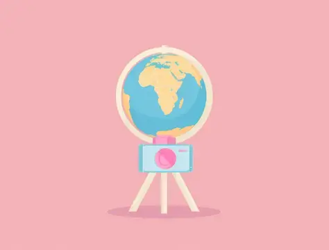 Иллюстрация глобуса с фотоаппаратом на розовом фоне