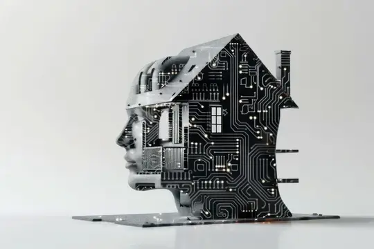 Художественная скульптура, сочетающая человеческий силуэт с формой дома, подчеркнутая сложными схемами, намекающая на инновации в умном жилье