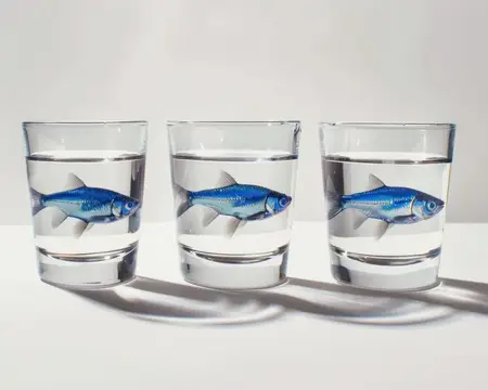 Три стакана воды с нарисованными синими рыбами
