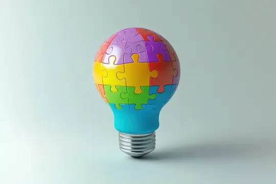 3D-рендер лампочки, собранной из разноцветных пазлов