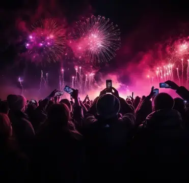 Толпа людей снимает розовые фейерверки на телефоны