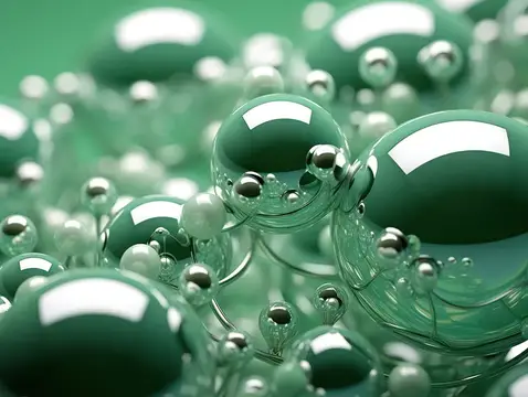 3D-рендер с блестящими зелёными и серебристыми шарами