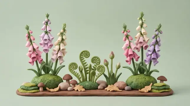 Симметричная, изготовленная вручную из глины 3D-сцена лесного уголка с наперстянкой, мхом, папоротниками, камнями и грибами для ботанической упаковки и садовых промо-акций