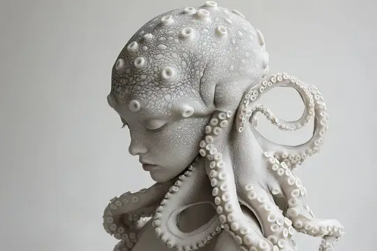 Уникальная скульптура, изображающая женщину, переплетенную со щупальцами осьминога, иллюстрирующая гармоничную связь между человечеством и океаном, идеально подходит для художественных тем