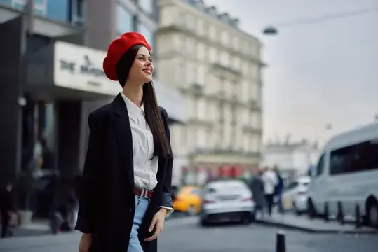 Улыбающаяся женщина с деловой улыбкой идет по городу на фоне офисных зданий, одетая в стильную модную одежду и с макияжем, весенняя прогулка, путешествие