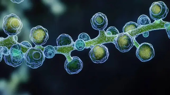 Сложное микроскопическое изображение зеленых и желтых сфер, представляющих красоту природы, идеально подходит для образовательных и научных целей