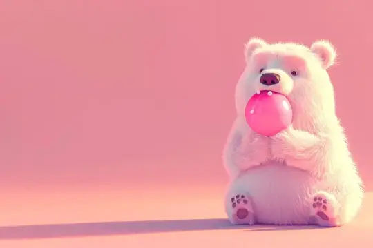 Белый медведь держит розовый воздушный шар на розовом фоне, рядом с ним маленький розовый медведь также держит розовый воздушный шар