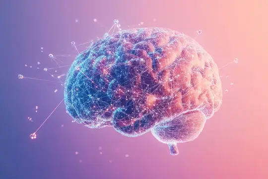 3D-рендер мозга с сияющей нейронной сетью на розово-фиолетовом фоне