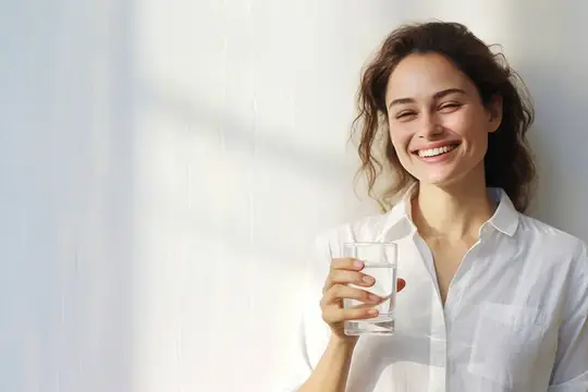 Улыбающаяся темноволосая женщина с стаканом воды у светлой стены
