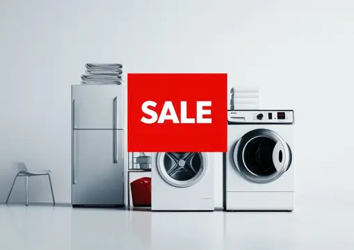 Бытовая техника с красной табличкой SALE на белом фоне
