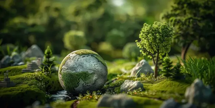 3D-рендер планеты Земля в миниатюрном зелёном лесу