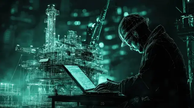 Сюрреалистическая темно-зеленая иллюстрация инженера в каске, сосредоточенно работающего за ноутбуком на фоне абстрактного изображения нефтяной вышки, подчеркивающая роль технологий и инноваций в…