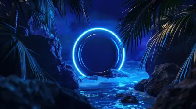 3D-рендер светящегося синего кольца в ночных тропических зарослях