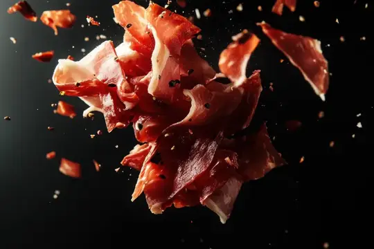 Ломтики сыровяленого мяса с перцем разлетаются на тёмном фоне