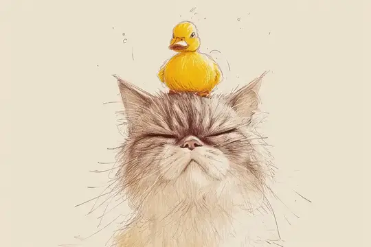 Иллюстрация с пушистым котом и жёлтым утёнком на голове